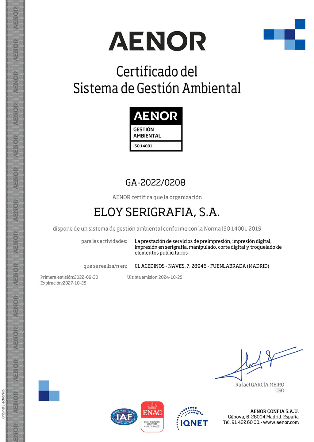 Certificado AENOR ISO 14001 firmado