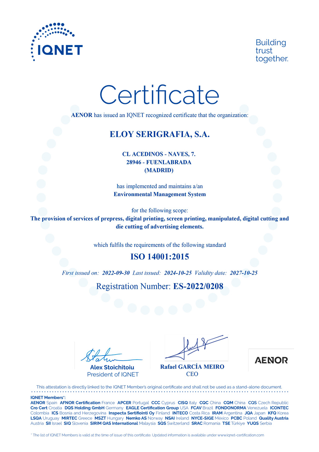 Certificado IQNET ISO 14001 firmado