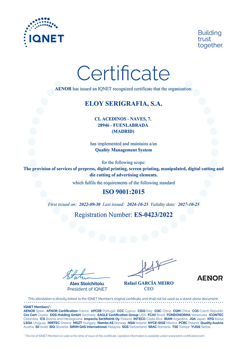 Certificado IQNET ISO 9001 firmado
